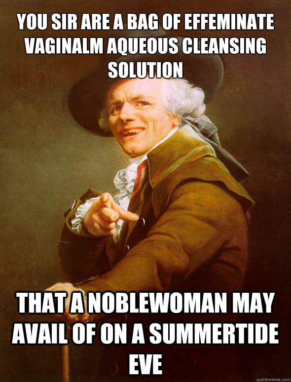 You SIR ARE A BAG OF EFFEMINATE VAGINALM AQUEOUS CLEANSING SOLUTION  THAT A NOBLEWOMAN MAY AVAIL OF ON A SUMMERTIDE EVE  Joseph Ducreux