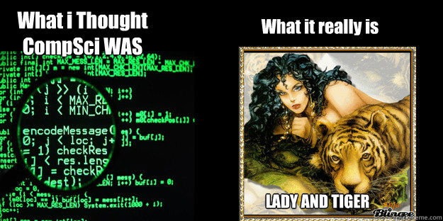 What i Thought 
CompSci WAS What it really is LADY AND TIGER - What i Thought 
CompSci WAS What it really is LADY AND TIGER  Compsci Meme