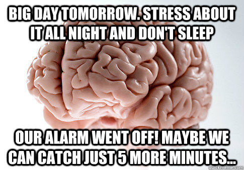 Big day tomorrow. Stress about it all night and don't sleep Our alarm went off! Maybe we can catch just 5 more minutes...  Scumbag Brain