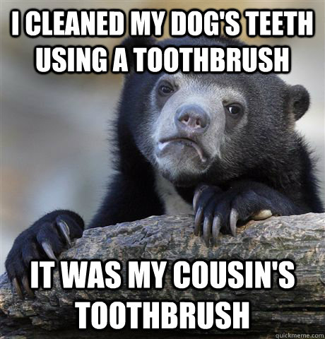 i cleaned my dog's teeth using a toothbrush it was my cousin's toothbrush  Confession Bear