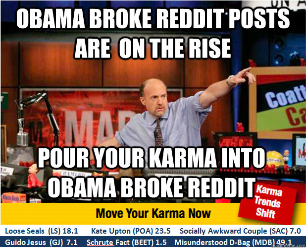 Obama broke Reddit posts are  on the rise Pour your karma into obama broke reddit  Jim Kramer with updated ticker