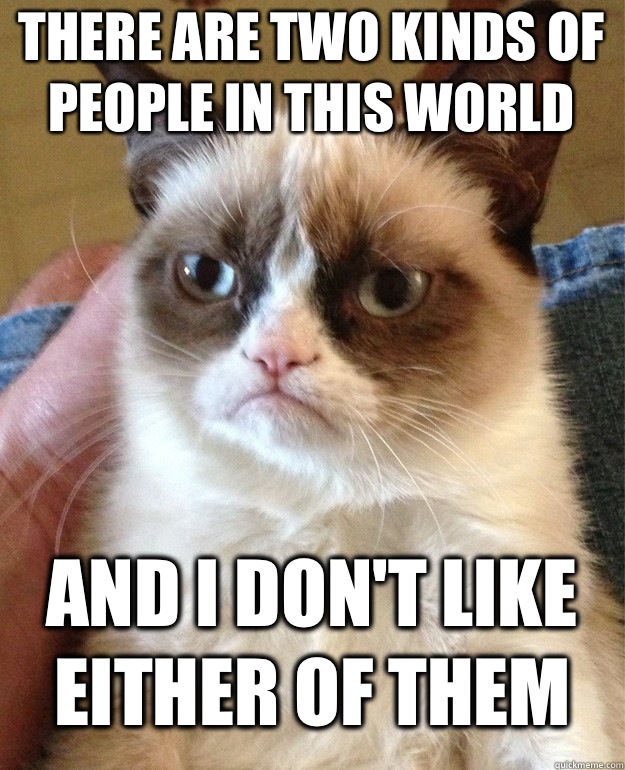 there are two kinds of people in this world and i don't like either of them  Grumpy Cat