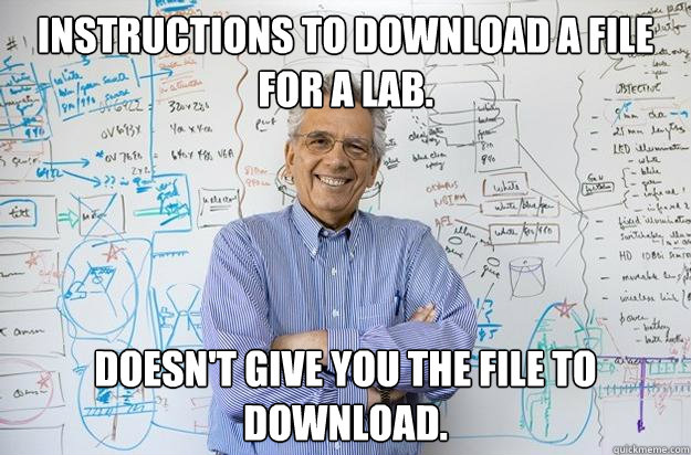 Instructions to download a file for a lab. Doesn't give you the file to download.  Engineering Professor