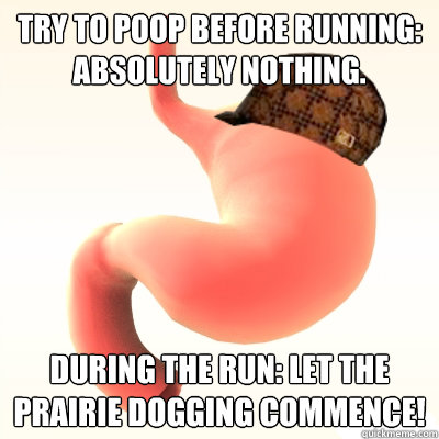 Try to poop before running: absolutely nothing. During the run: let the prairie dogging commence!  Scumbag Stomach