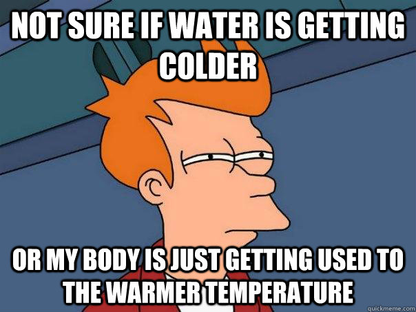 NOT SURE IF WATER IS GETTING COLDER OR MY BODY IS JUST GETTING USED TO THE WARMER TEMPERATURE - NOT SURE IF WATER IS GETTING COLDER OR MY BODY IS JUST GETTING USED TO THE WARMER TEMPERATURE  Futurama Fry