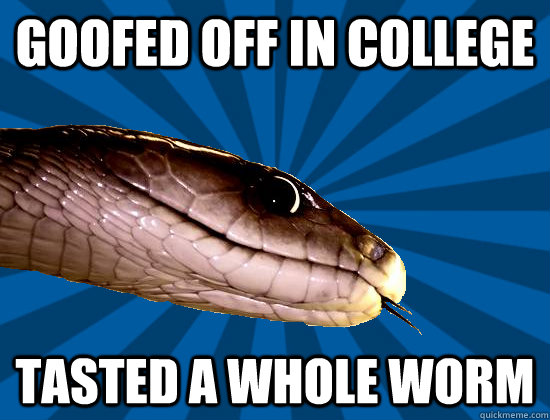 Goofed off in college Tasted a whole worm  Spoonerism Snake