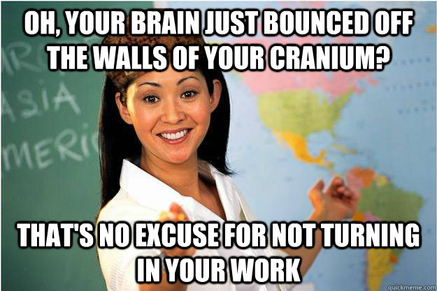 Oh, your brain just bounced off the walls of your cranium? that's no excuse for not turning in your work - Oh, your brain just bounced off the walls of your cranium? that's no excuse for not turning in your work  Scumbag Teacher