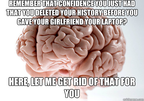 REMEMBER THAT CONFIDENCE YOU JUST HAD THAT YOU DELETED YOUR HISTORY BEFORE YOU GAVE YOUR GIRLFRIEND YOUR LAPTOP? HERE, LET ME GET RID OF THAT FOR YOU   Scumbag Brain