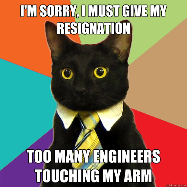 I'm sorry, I must give my resignation Too many engineers  touching my arm - I'm sorry, I must give my resignation Too many engineers  touching my arm  Business Cat