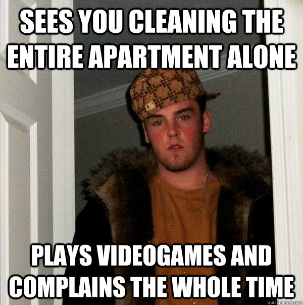 Sees you cleaning the entire apartment alone Plays videogames and complains the whole time  Scumbag Steve