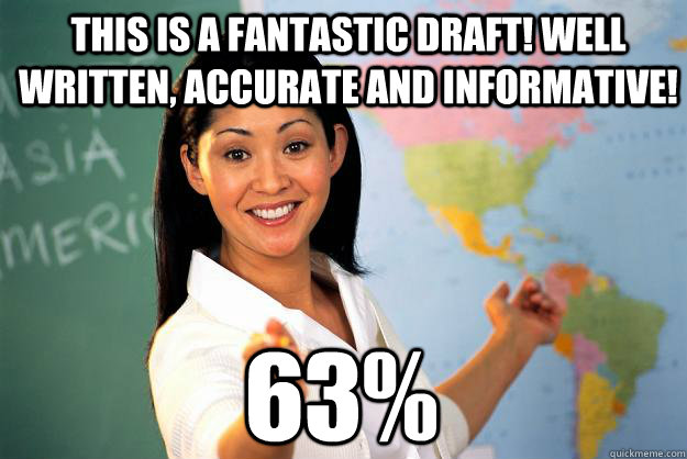 This is a fantastic draft! well written, accurate and informative! 63%  Unhelpful High School Teacher