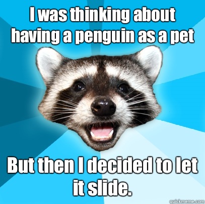 I was thinking about having a penguin as a pet But then I decided to let it slide.  Lame Pun Coon