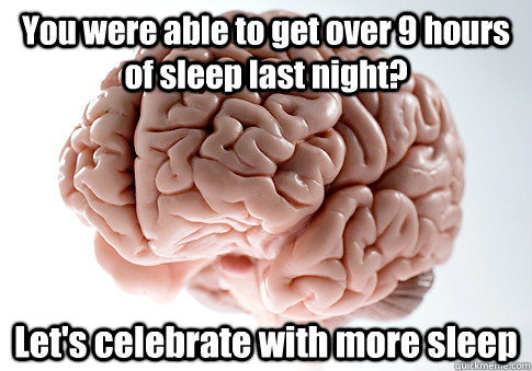 You were able to get over 9 hours of sleep last night? Let's celebrate with more sleep  Scumbag Brain