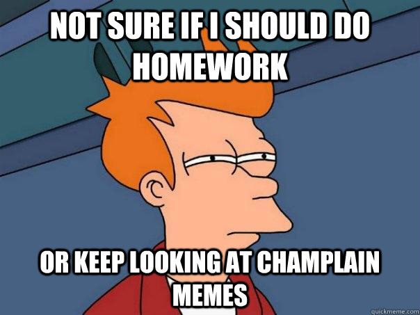 Not sure if I Should do homework Or keep looking at champlain memes - Not sure if I Should do homework Or keep looking at champlain memes  Futurama Fry