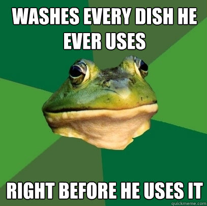 washes every dish he ever uses right before he uses it - washes every dish he ever uses right before he uses it  Foul Bachelor Frog