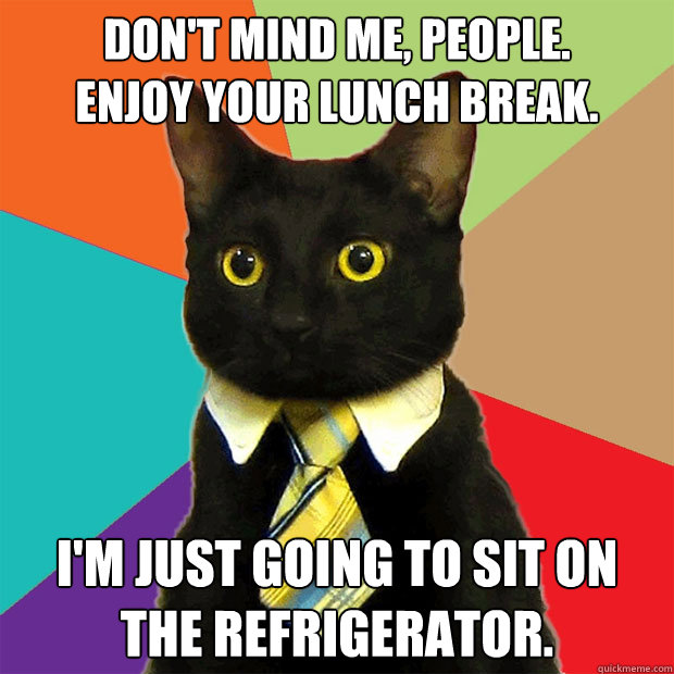 Don't mind me, people. 
Enjoy your lunch break. I'm just going to sit on the refrigerator.  Business Cat