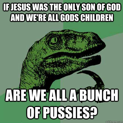 if jesus was the only son of god and we're all gods children are we all a bunch of pussies?  Philosoraptor