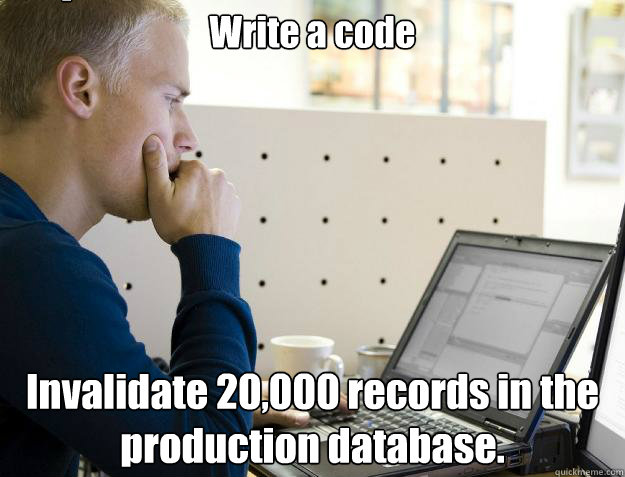 Write a code Invalidate 20,000 records in the production database. Caption 3 goes here  Programmer