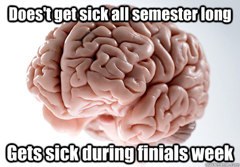 Does't get sick all semester long Gets sick during finials week  Scumbag Brain