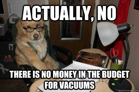 Actually, no there is no money in the budget for vacuums  Financial Advice Dog