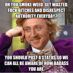 Oh you smoke weed, get wasted, fuck bitches and disrespect authority everyday? You should post a status so we can all be aware of how badass you are.  Condescending Wonka