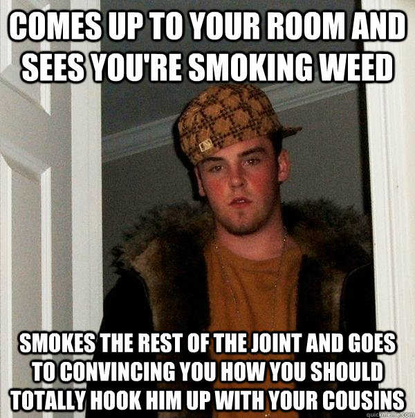 comes up to your room and sees you're smoking weed smokes the rest of the joint and goes to convincing you how you should totally hook him up with your cousins - comes up to your room and sees you're smoking weed smokes the rest of the joint and goes to convincing you how you should totally hook him up with your cousins  Scumbag Steve