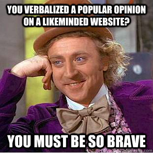 You verbalized a popular opinion on a likeminded website? You must be so brave - You verbalized a popular opinion on a likeminded website? You must be so brave  Condescending Wonka