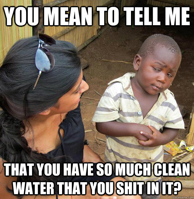 You mean to tell me That you have so much clean water that you shit in it? - You mean to tell me That you have so much clean water that you shit in it?  Skeptical Third World Child