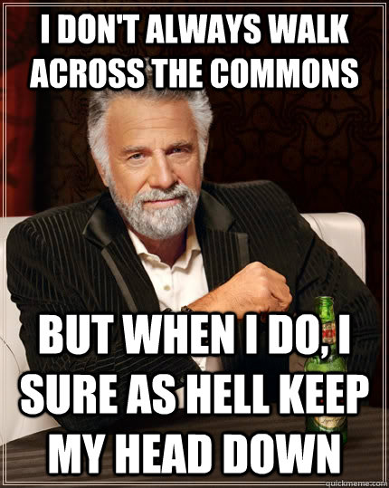 I don't always walk across the commons but when I do, I sure as hell keep my head down  The Most Interesting Man In The World