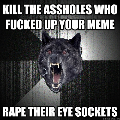 kill the assholes who fucked up your meme rape their eye sockets   Insanity Wolf