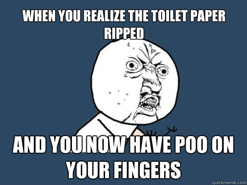 when you realize the toilet paper ripped and you now have poo on your fingers  Y U No