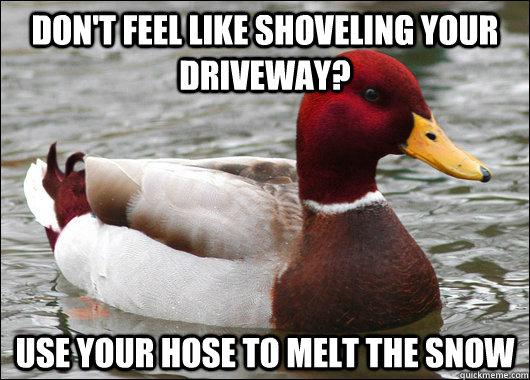 Don't feel like shoveling your driveway? use your hose to melt the snow  Malicious Advice Mallard