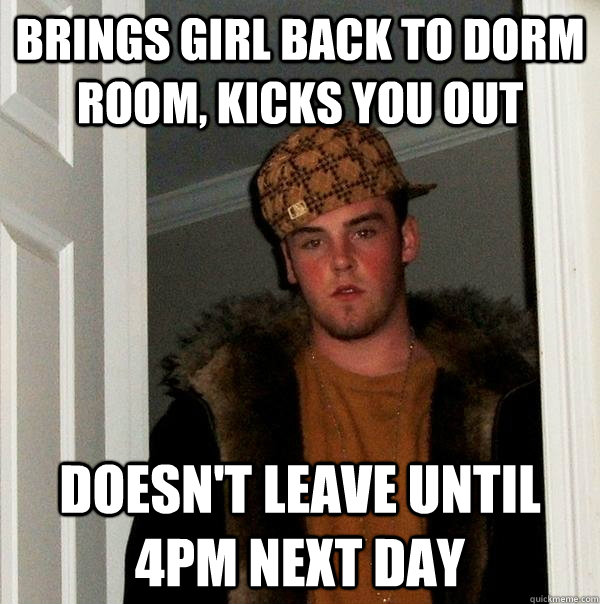 Brings girl back to dorm room, kicks you out doesn't leave until 4pm next day  Scumbag Steve