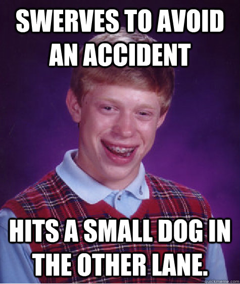 Swerves to avoid an accident hits a small dog in the other lane.   Bad Luck Brian