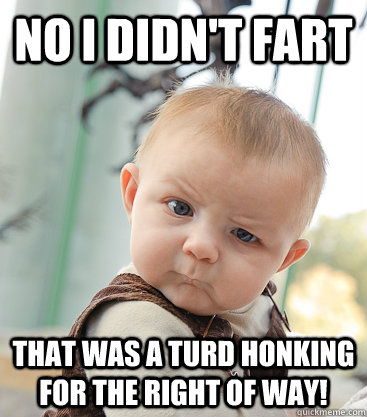 NO I DIDN'T FART THAT WAS A TURD HONKING FOR THE RIGHT OF WAY!  skeptical baby