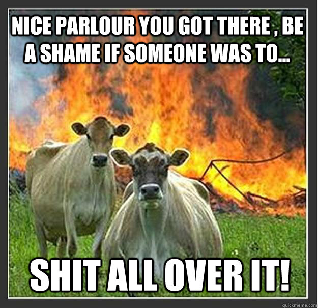 Nice parlour you got there , be a shame if someone was to...  SHIT ALL OVER IT!   Evil cows