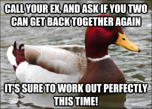 call your ex, and ask if you two can get back together again it's sure to work out perfectly this time!  Malicious Advice Mallard