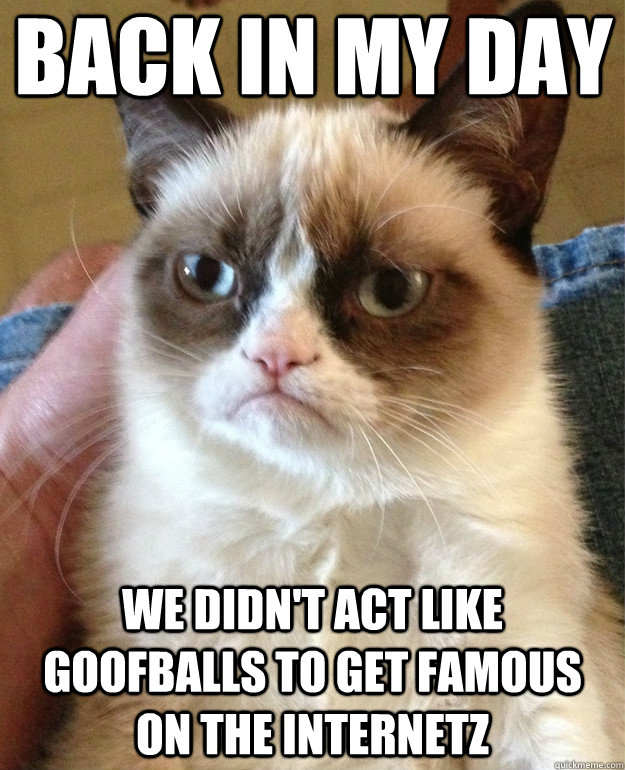 back in my day we didn't act like goofballs to get famous on the internetz - back in my day we didn't act like goofballs to get famous on the internetz  Grumpy Cat