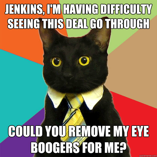 jenkins, I'm having difficulty seeing this deal go through could you remove my eye boogers for me?  Business Cat