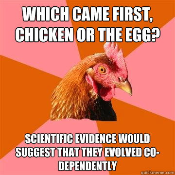 Which came first, chicken or the egg? scientific evidence would suggest that they evolved co-dependently  Anti-Joke Chicken