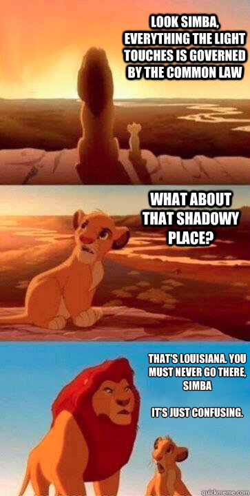 look simba, everything the light touches is governed by the common law what about that shadowy place? that's louisiana. you must never go there, simba

it's just confusing.  SIMBA