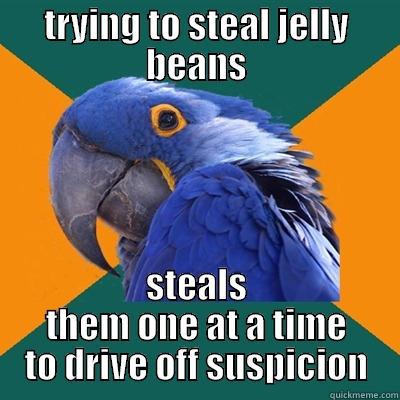 TRYING TO STEAL JELLY BEANS STEALS THEM ONE AT A TIME TO DRIVE OFF SUSPICION Paranoid Parrot