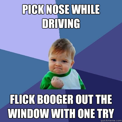 Pick nose while driving Flick booger out the window with one try  Success Kid