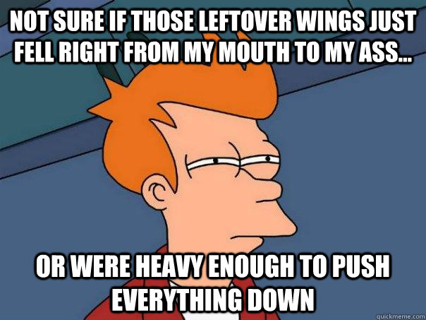 Not sure if Those leftover wings just fell right from my mouth to my ass... Or were heavy enough to push everything down  Futurama Fry