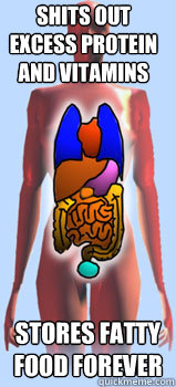 Shits out excess protein and vitamins Stores fatty food forever  Scumbag body