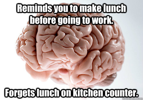 Reminds you to make lunch before going to work. Forgets lunch on kitchen counter.   Scumbag Brain