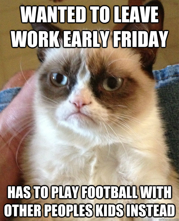 Wanted to leave work early Friday Has to play football with other peoples kids instead  Grumpy Cat