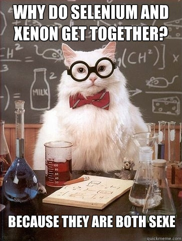 Why do Selenium and Xenon get together? Because they are both SeXe  Chemistry Cat