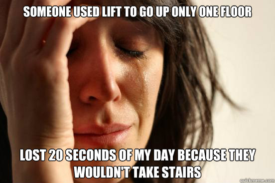 SOMEONE used lift to go up only one floor lost 20 seconds of my day because they wouldn't take stairs  First World Problems