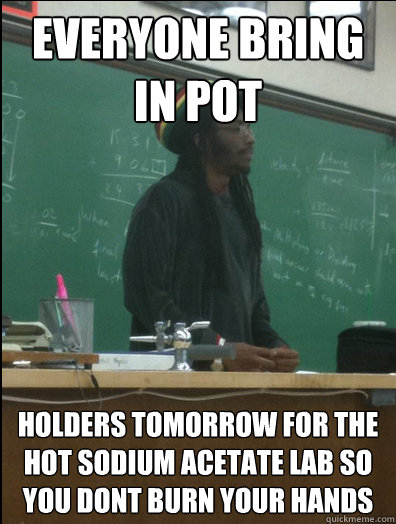 EVERYONE BRING IN pot holders tomorrow for the hot sodium acetate lab so you dont burn your hands  Rasta Science Teacher